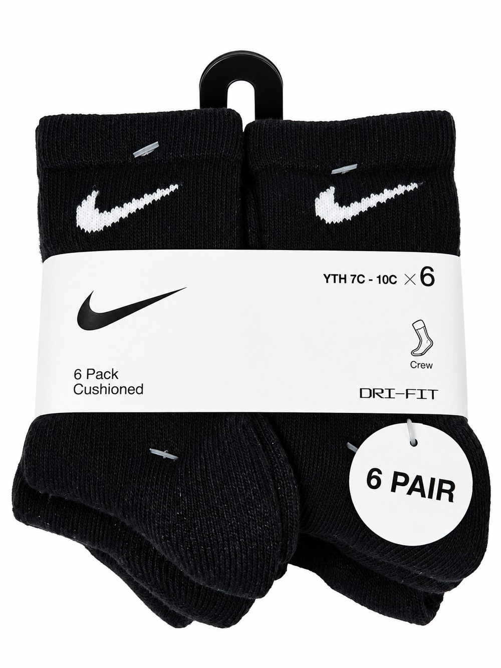 Nike Youth Dri-FIT Cushioned Crew Socks 6-Pack Black 7C-10C